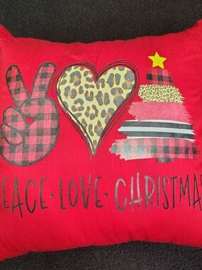 Peace Love Christmas Red Decorative Poly-fil Buffalo Plaid Throw Pillow 16x16